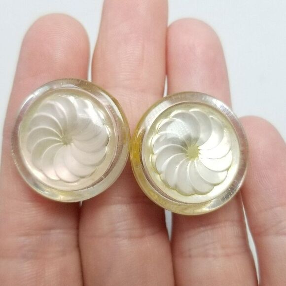 Vintage Button Conversion Clip On Earrings, Spiral Pearlescent Round Design - Picture 5 of 6